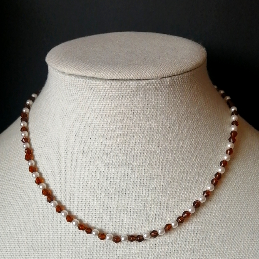 Vintage Dainty Brown Glass Faux Pearl Beads Collar Choker Necklace